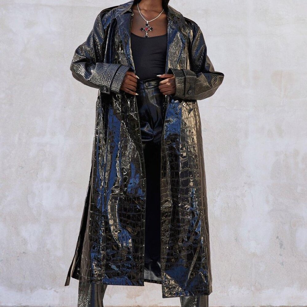 Faux Croc High Shine Faux Croc Trench Coat - BooHoo x Kourtney Kardashian Collab